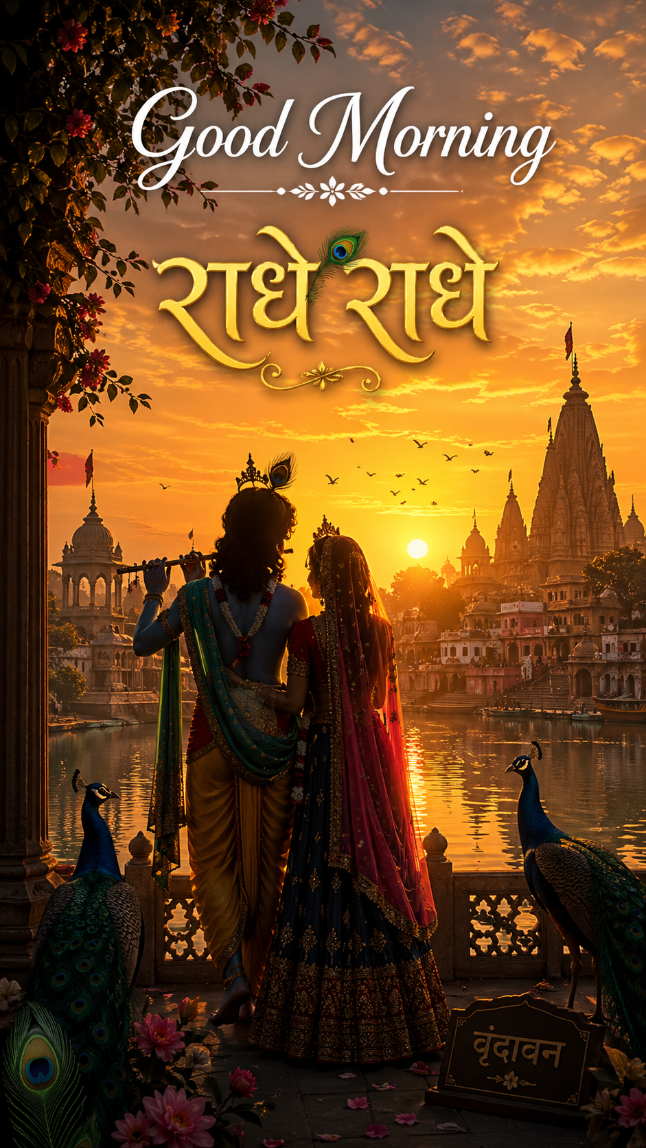 Good Morning Radha Krishna temple dawn greeting with golden sunrise and devotional text overlay